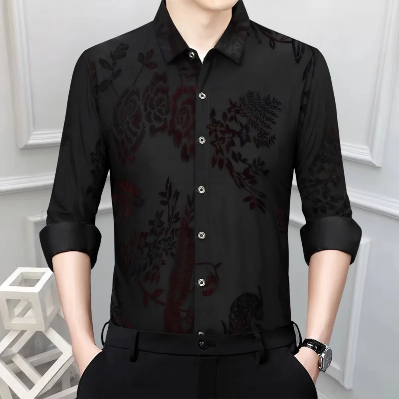 High Quality See Through Flower Shirts Men Business Casual Office Shirt 2025 Velvet  Long Sleeve Camisa Chemise Homme Men Shirt