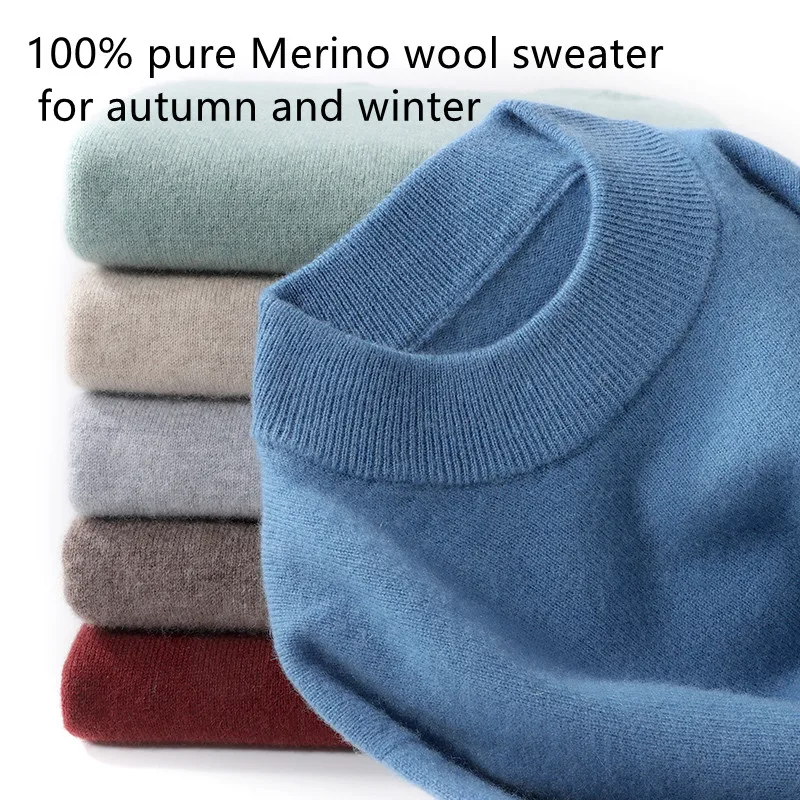 

100% Pure Merino Wool Men's Semi High Neck Pullover Solid Color Plus Size Casual Sweater Autumn And Winter Sports Cashmere Top