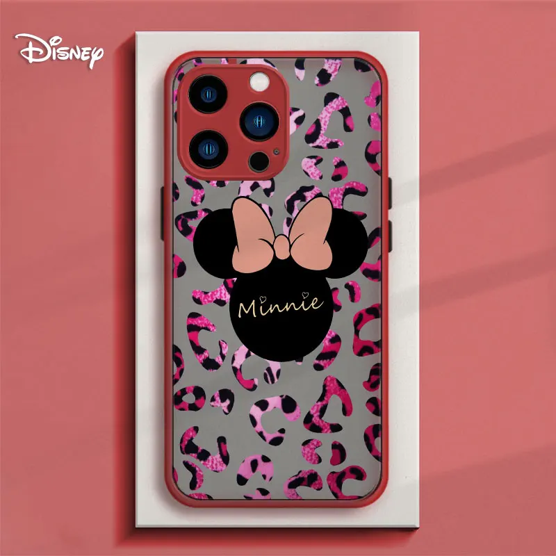 Disney Minnie Red Leopard Print Clear Matte Phone Case For iPhone 15 11 14 13 12 Pro Max Mini X XR Xs 8 7 Plus Cover Fundas