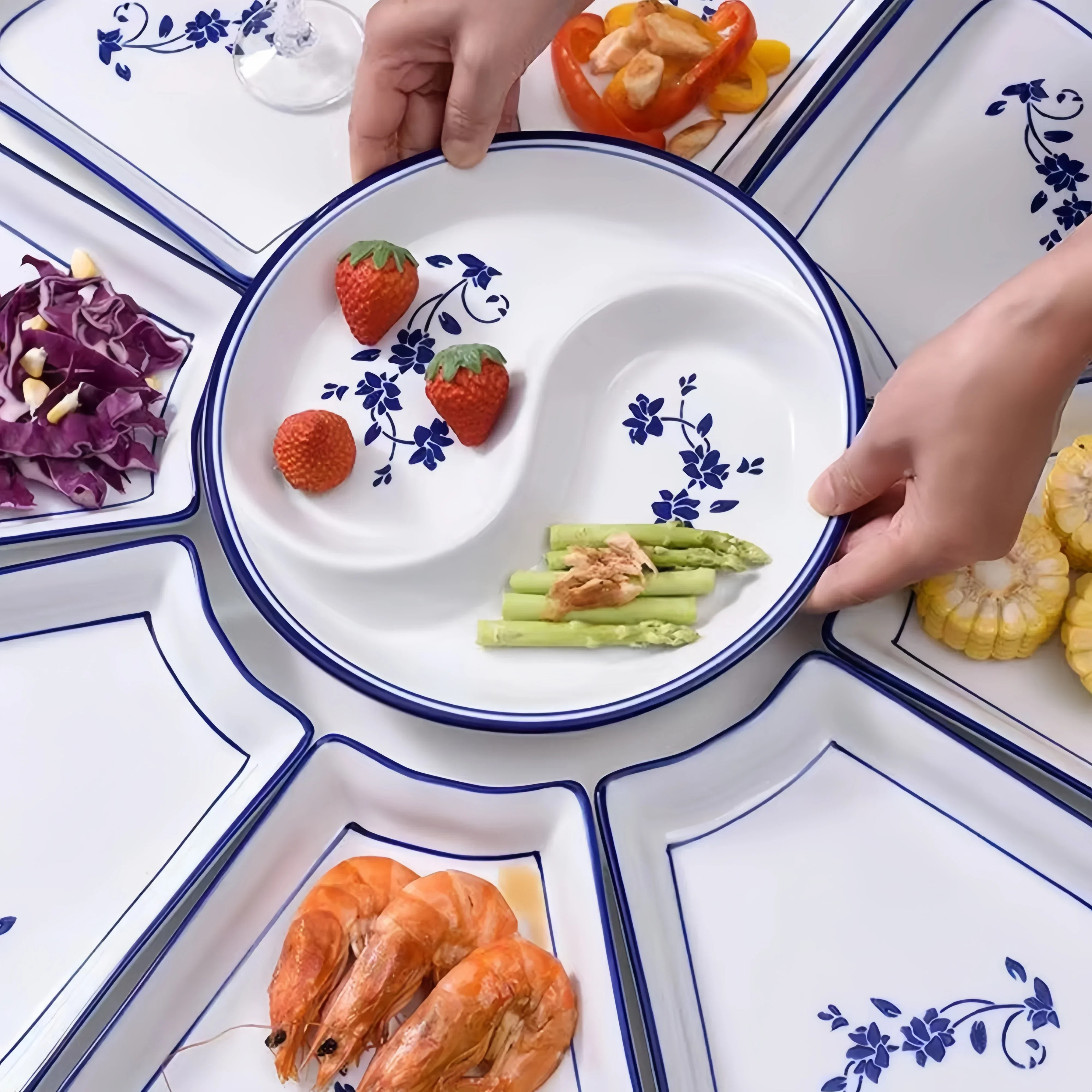

Blue and white porcelain tableware set, family gathering dining table, hot pot reunion serving tableware, serving plates