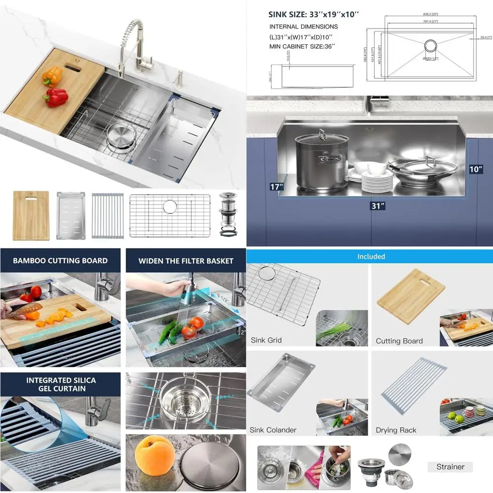 

Stainless Steel 33x19 Inch Single Bowl Undermount Kitchen Sink with Accessories