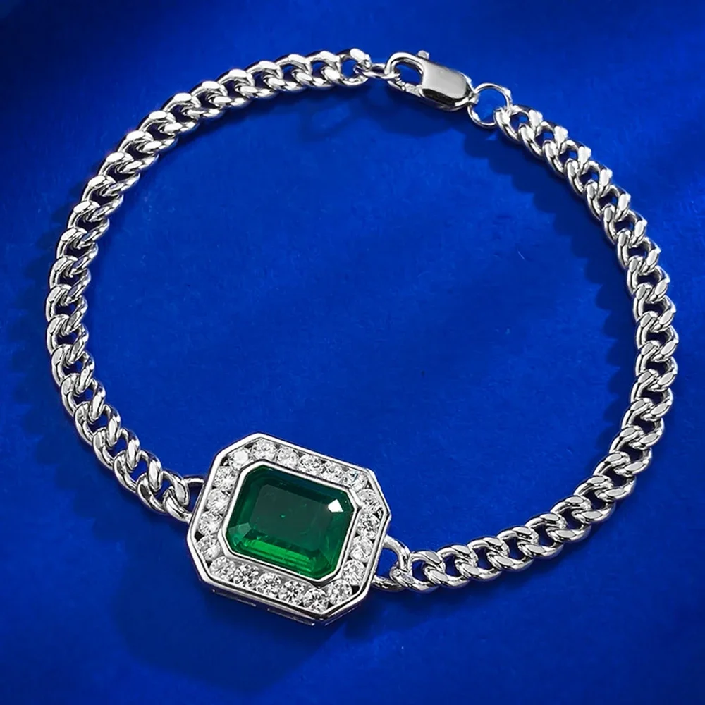 shop Vintage 100% 925 Sterling Silver 8*10MM Emerald Gemstone Fine Cuban Chain Bracelet for Women Jewelry Anniversary Gifts