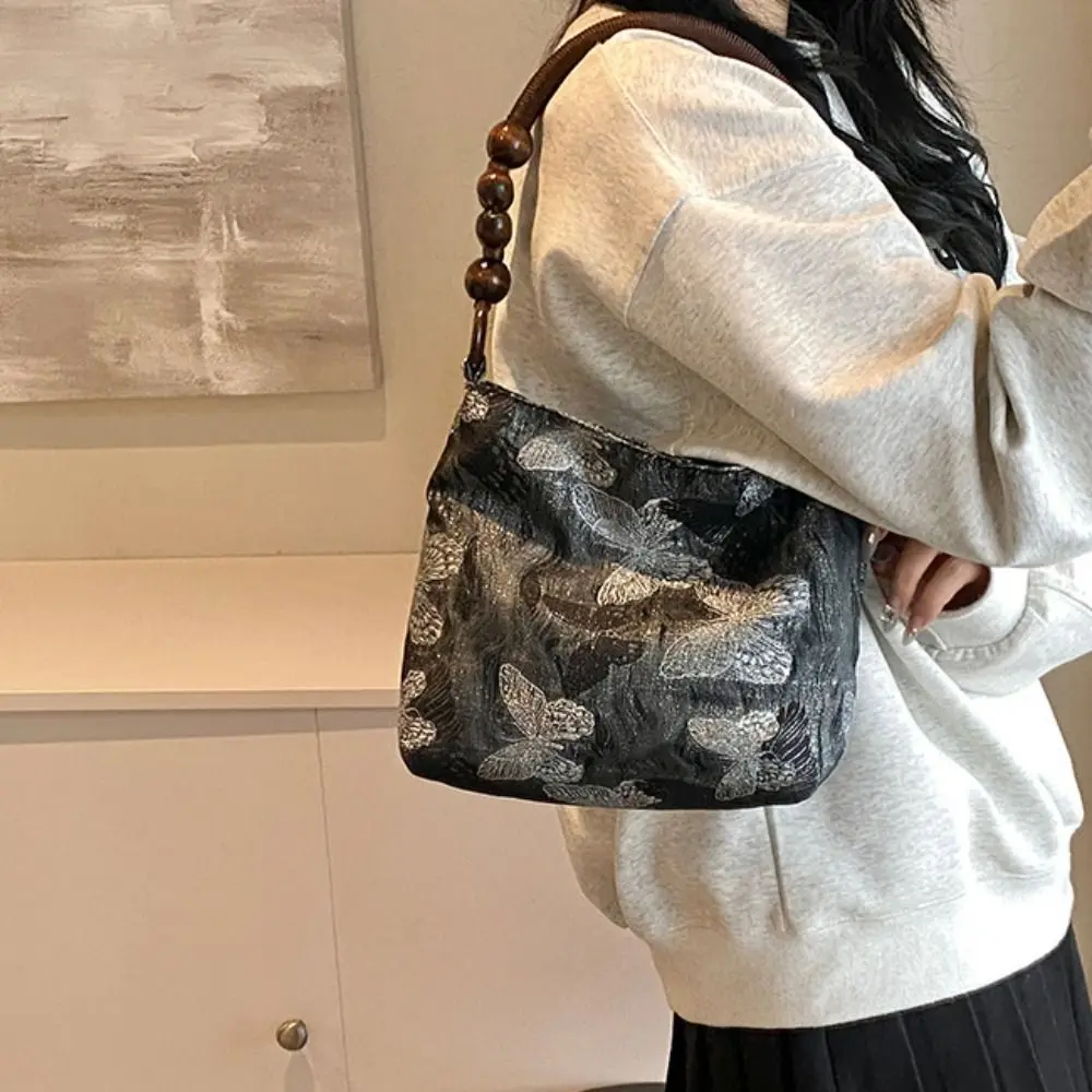 

Simple Large Capacity Chinese Style Handbag Butterfly Bead Embroidery Shoulder Bag French Sweet Retro Underarm Bag Shopping