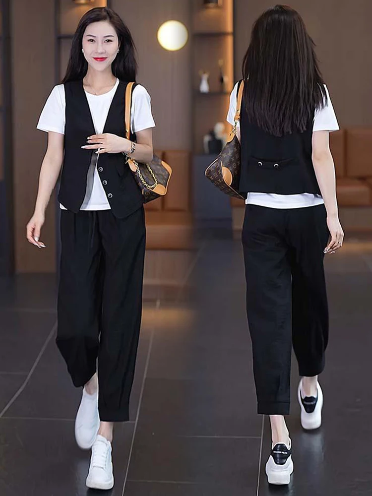 Faionable Casual Women's Tee-Piece Set ort Sve Slimming Vest Nine-Piece Pants Summer 2025 New Arrival Ele Small ...