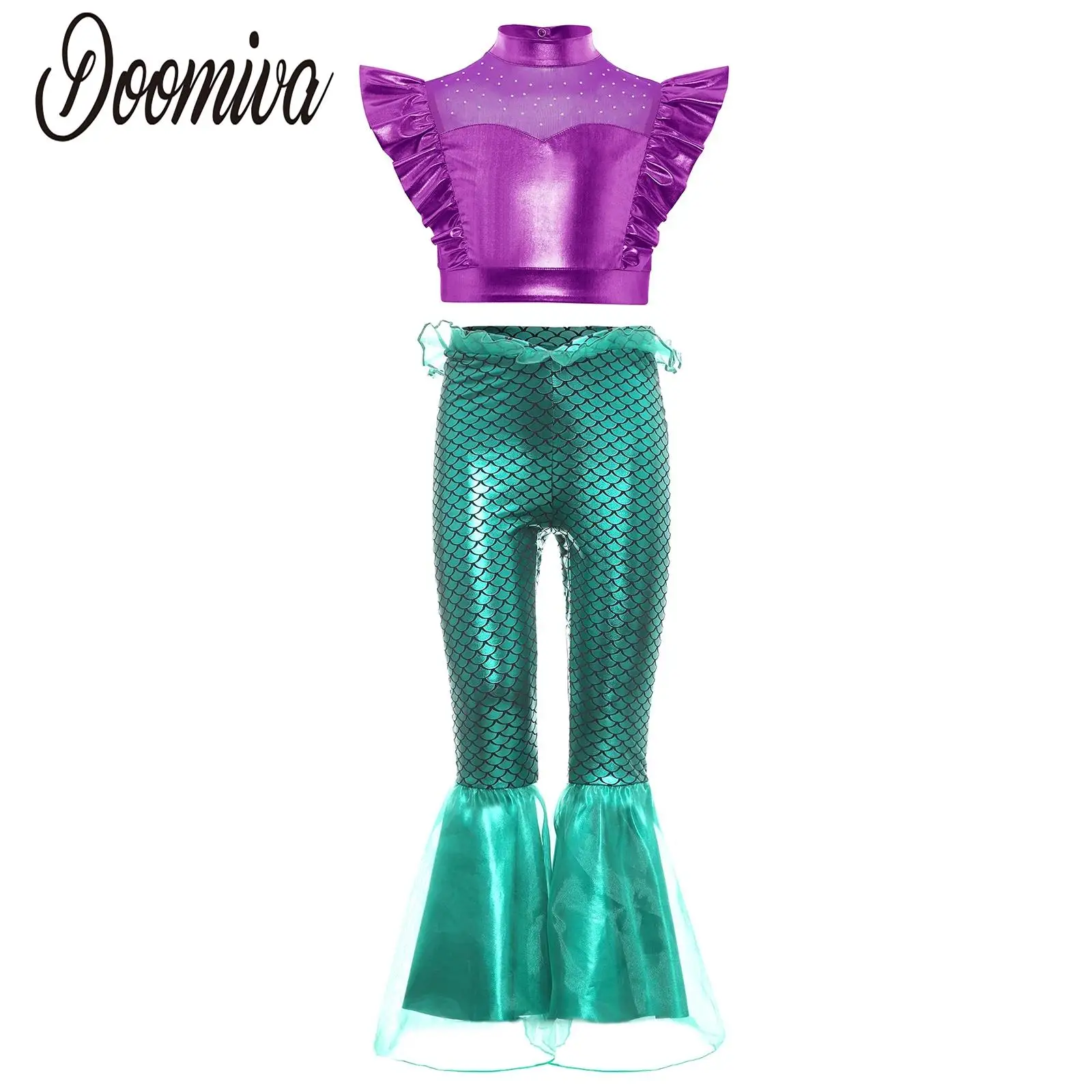 

Girls Mermaid Cosplay Costumes Jazz Modern Dance Sets Halloween Carnival Party Sleeveless Cropped Tops with Ruffle Flared Pants