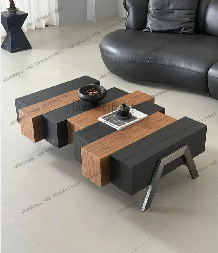 

Italian minimalist walnut generous coffee table with storage household living room model villa high-end coffee table