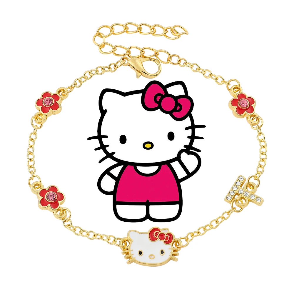 Anime Sanrio Hello Kitty Bracelet Cute Cartoon Figure Kitty White Metal Rhinestones Pendant Bracelet Kawaii Jewelry Accessories