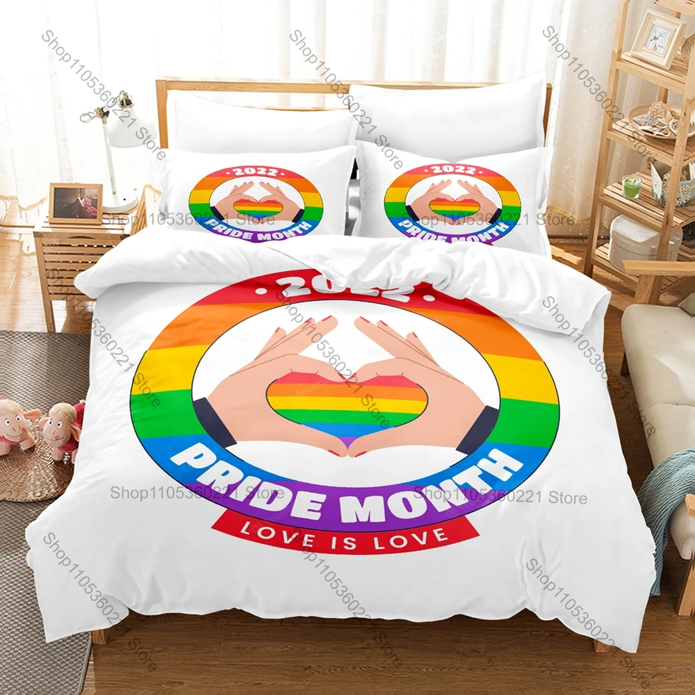 Cool Sweet Romantic LGBT Lesbian Couple Kiss Rainbow Pride Bedding Set 1 Duvet Cover + 2 Pillowcases HD Print Equality Bed Linen