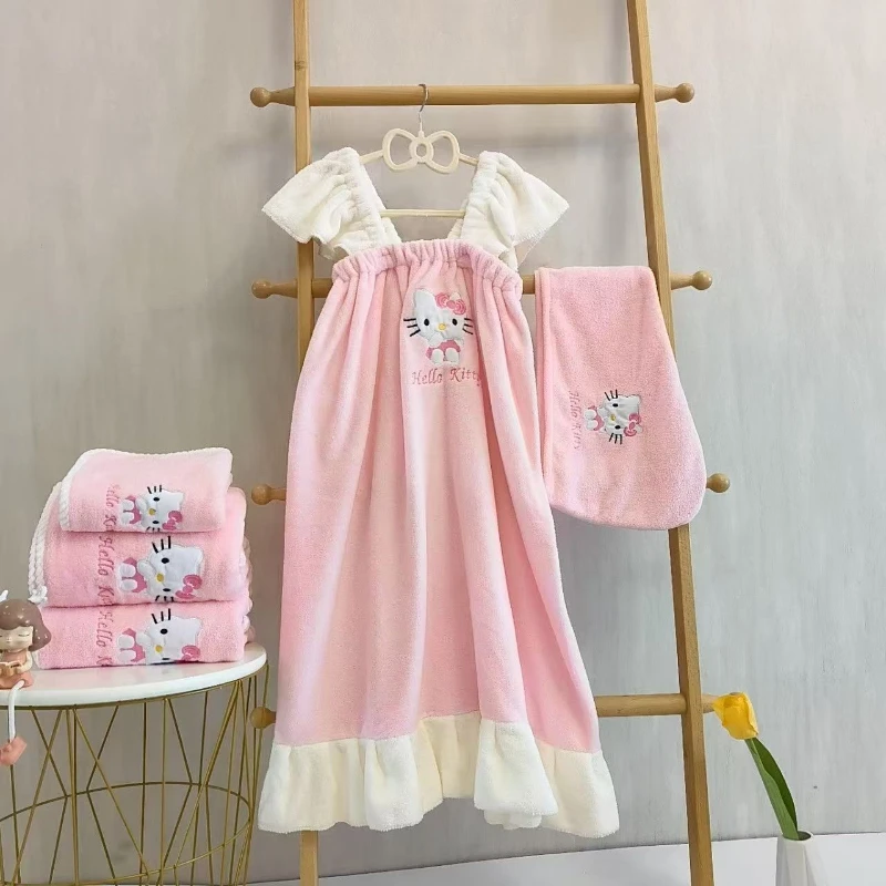 

Bath Skirt 4Pcs Sanrios Hello Kitty Dress for Girls Cute and Sweet Shoulder Sleepwear Bath Towel Bathrobe Casual Home Wear