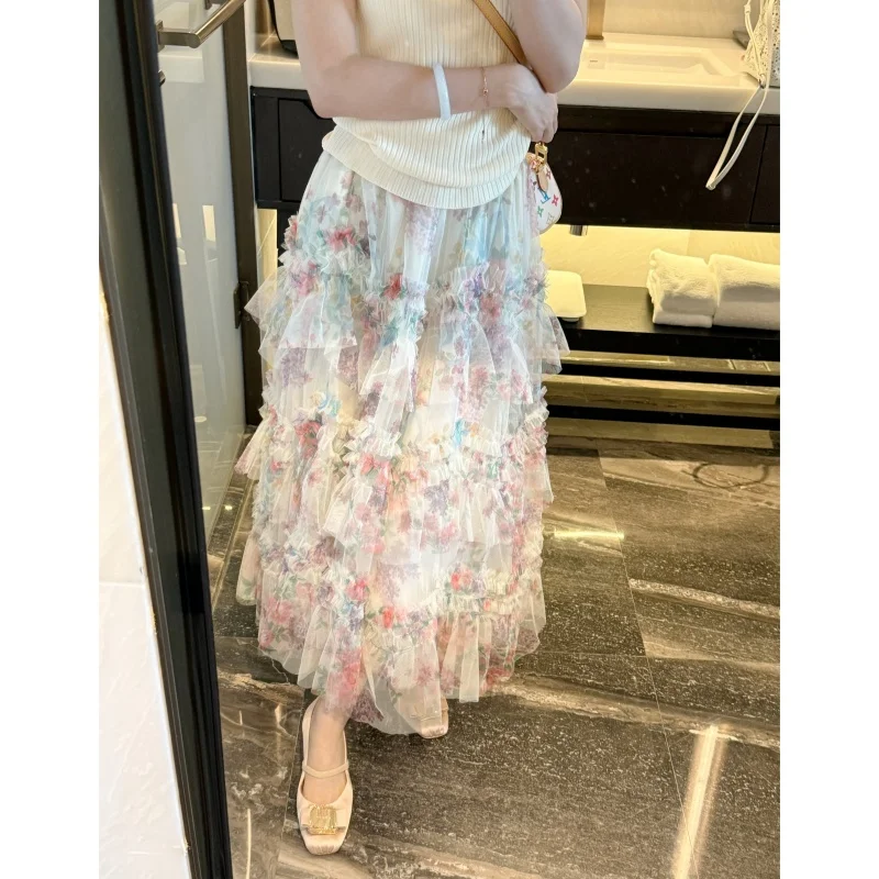 

New Chinese Sle Floral Lace Design Skirt Versatile Gentle Summer Faion f-length Skirts CQ202572