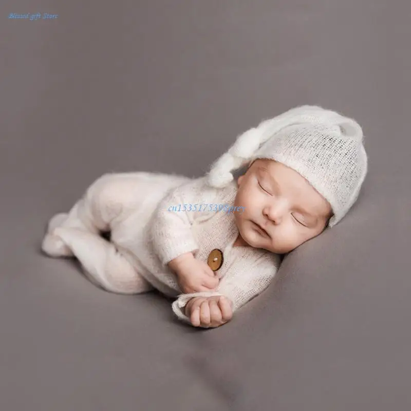 

2 Pcs Mohair Baby Romper Hat Set Newborn Photography Props Knitted Wool Bodysuit Long Tail Cap Kit Infants Photo Clothe