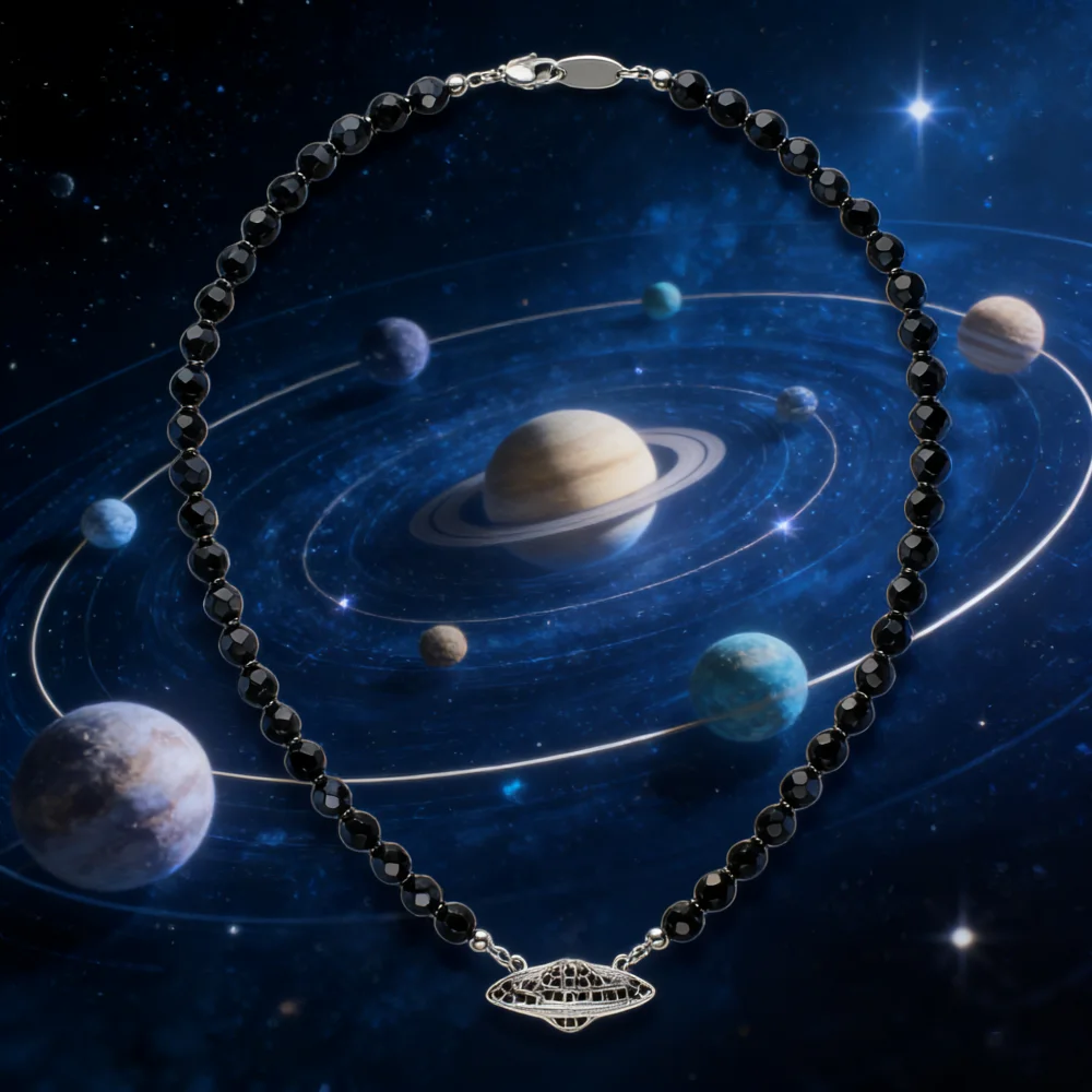 

2025 New S925 Pure Silver Black Crystal One Layer Saturn Necklace Women's High End Jewelry
