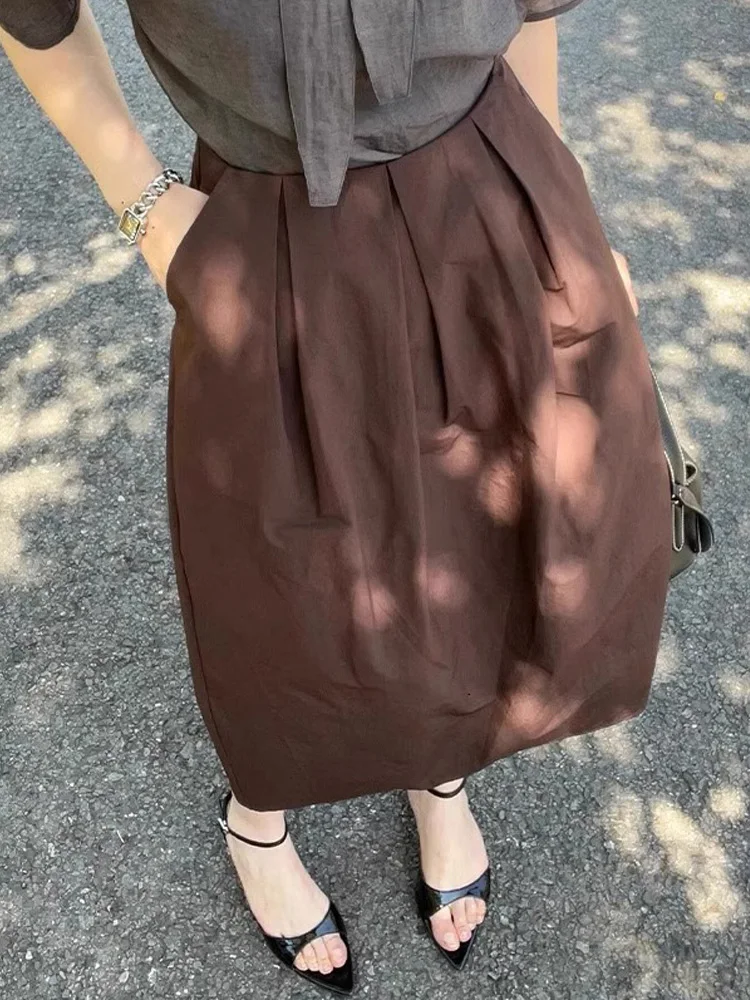 

Chic Brown Bouffant Skirt Korean Sle High Waist A-Line Silhouette Casual Wear Pure Color Faionable Autumn Winter Design