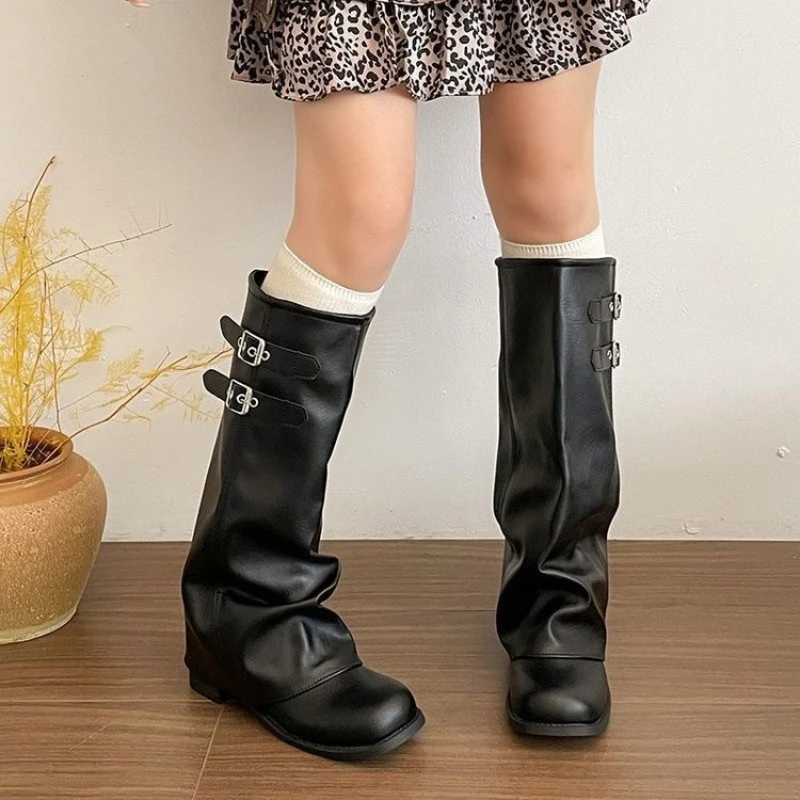 Vintage Knee High Boots Round Toe Platform Heel Rider Boots Retro Tall Riding Shoes Female Winter Warm Casual Street Style