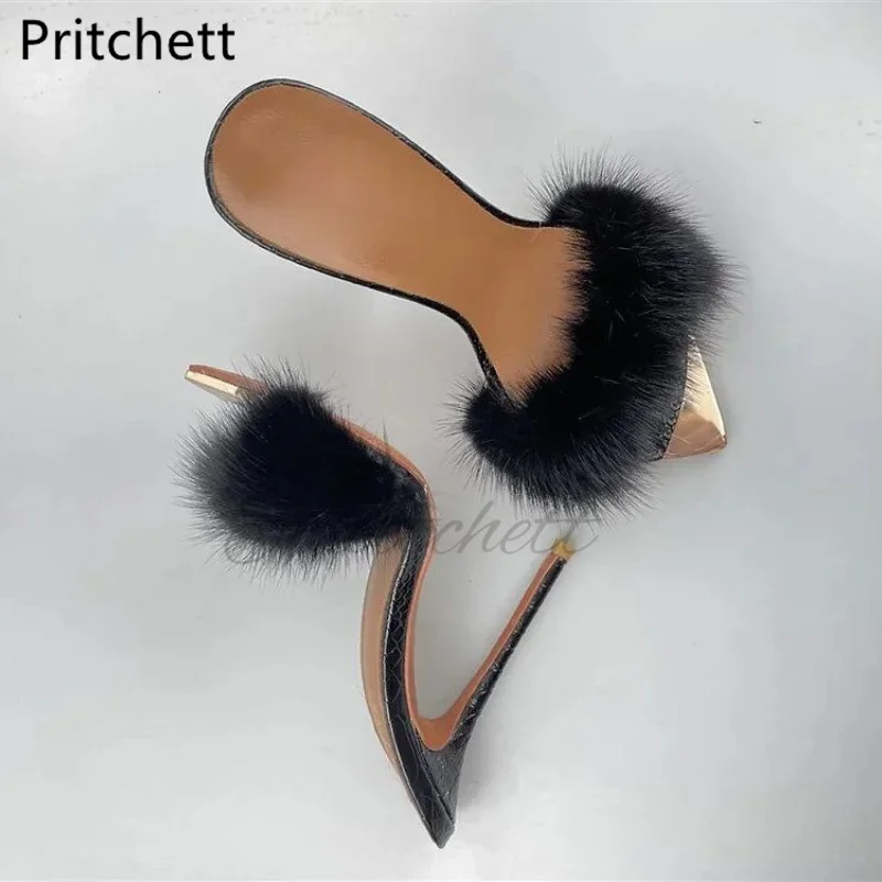 المعادن تو فو الفراء خنجر المرأة النعال مثير موضة 12 سنتيمتر أشار تو عالية الكعب أحمر أسود المدرج أحذية الصيف الصنادل