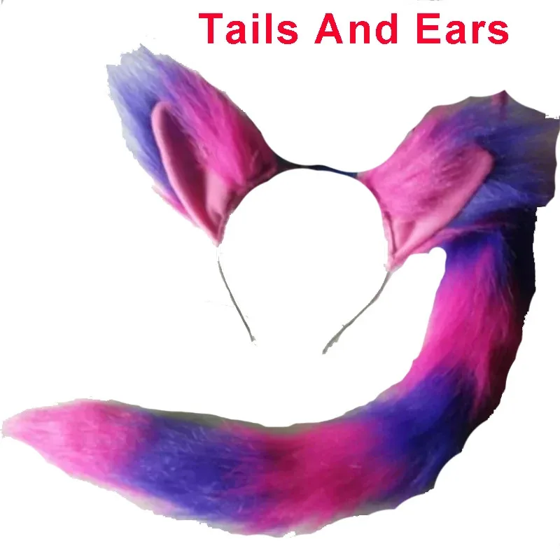 HAni 2025 The Cheshire And Pink Purple Plush Tail Cat Ears Dress Halloween Christmas Cosplay Costume Props ☆★ww