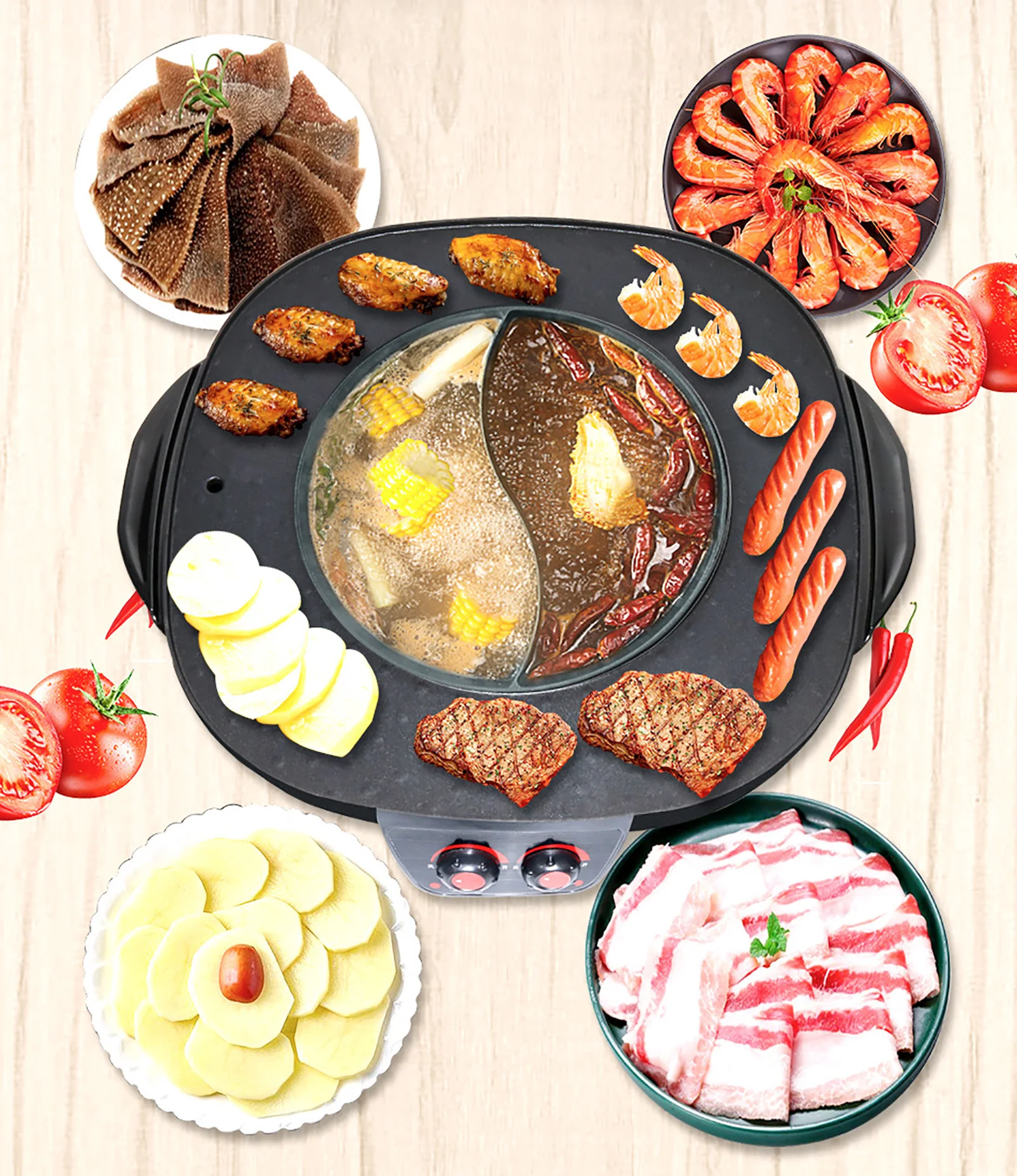 Electric Barbecue Hotpot Oven Smokeless Hotpot Machine Mandarin Duck Dual Control Non-Stick Surface (European Regulation)