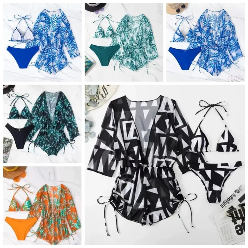 

3 Pieces Set Bikini Sets Halter Neck Strap Print 3 Pieces Halter Bikini Flower Push-up Bra Long Sleeve Bathing Suit Beach