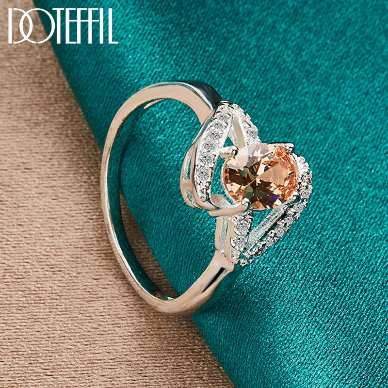 DOTEFFIL 925 Sterling Silver Orange 5A Zircon Ring For Woman Wedding Engagement Party Jewelry