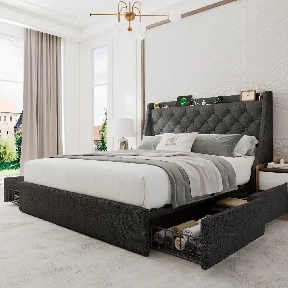 

King Size Upholstered Bed with 4 Storage Drawers, Wingback Headboard, Charging Station, No Box Spring Required, Grey