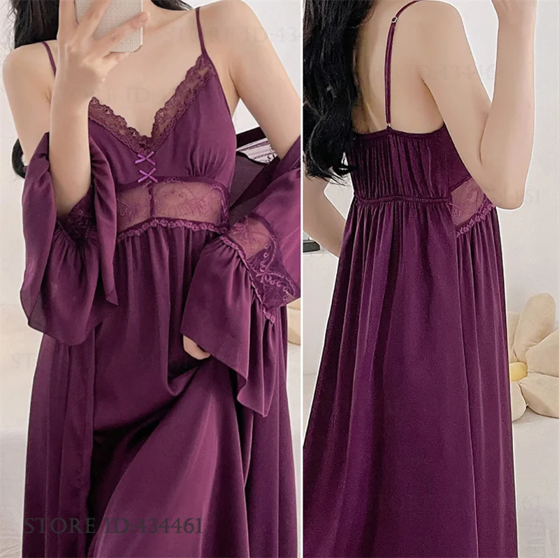 

Elegant Female Long Robe Nightgown Set Sexy Hollow Out Lace Lingerie Nightgown Silky Satin Kimono Bathrobe Gown Summer Homewear