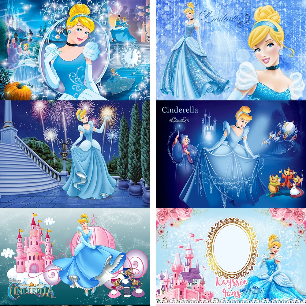 

Cartoon Princess Cinderella Birthday Backdrop Party Decor Photo Background Studio Blue Castle Banner Baby Shower Photocall