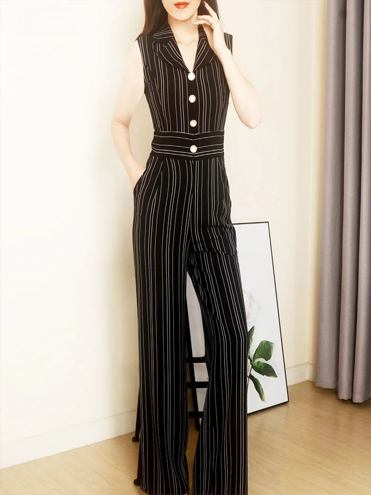 

Полосатый комбинезон с высокой талией, женский тонкий костюм с воротником, летние новые широкие брюки, удобная посадка, полная длина