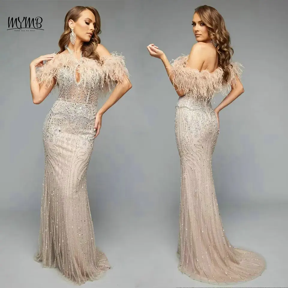 

MYMB New Customized Halter Neck Nude Beaded Feathers Evening Dress for Women Party Dubai Exclusive Mermaid Formal Gowns MB40295
