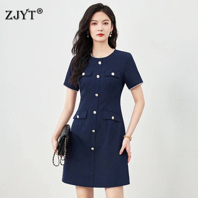 

ZJYT Fashion Women's Summer Dress Vestidos Para Mujer Elegant Short Sleeve Beading Buttons Solid Blue Dresses Female Clothing