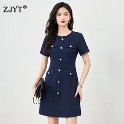 ZJYT Fashion Women's Summer Dress Vestidos Para Mujer Elegant Short Sleeve Beading Buttons Solid Blue Dresses Female Clothing