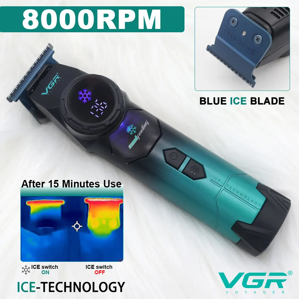 

VGR V-946 Ice Tech Cordless Hair Trimmer DLC Coated T Blade 8000RPM Brushless Motor Blue Ceramic For Beard Hair Cutting Machine