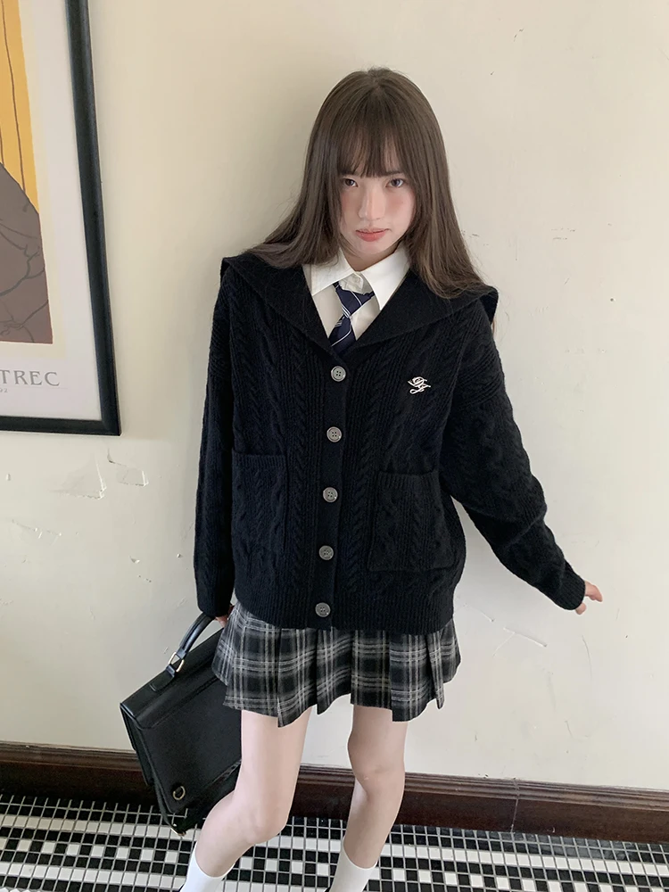 

Soft Cozy Navy Collar Knitted Sweater Jacket Women's Loose JK School Uniform Style Autumn Wear Tokyo Seasonal Record JK