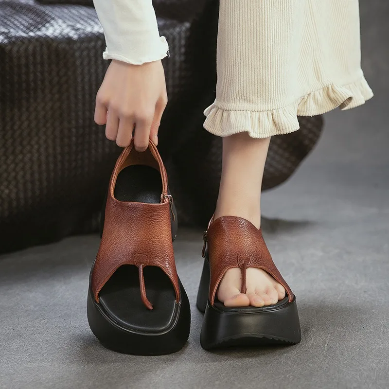 

Birkuir Retro Flip Flop Wedges Sandals Women Side Zippers Thick Heel Slides 2026 Summer Genuine Leather 7cm Heel Beach Sandals