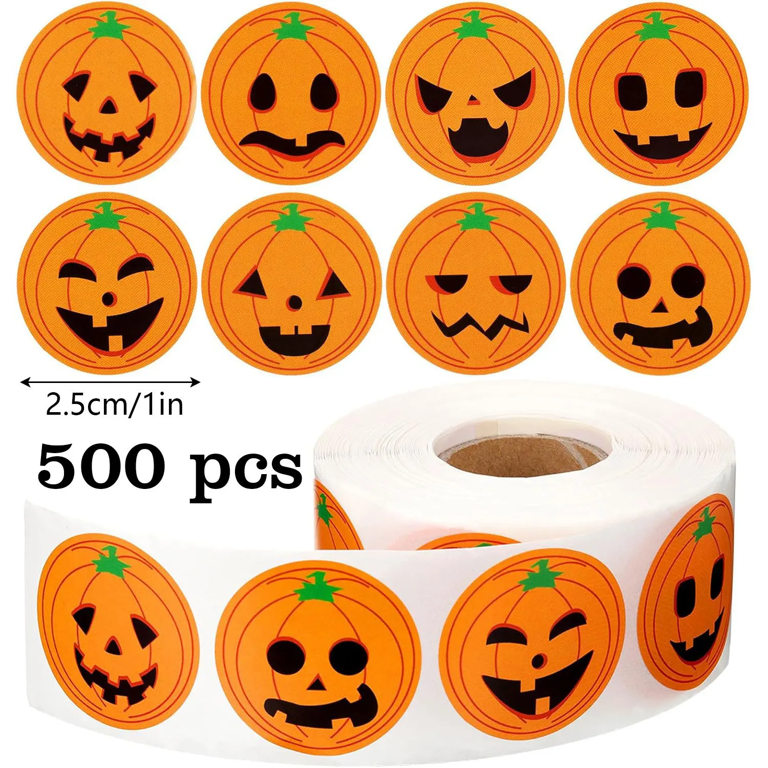 500Pcs/roll Halloween Sticker Rolls, Halloween Round Pumpkin Ghost Stickers, Spider Bat Cat Stickers for Party Decoration