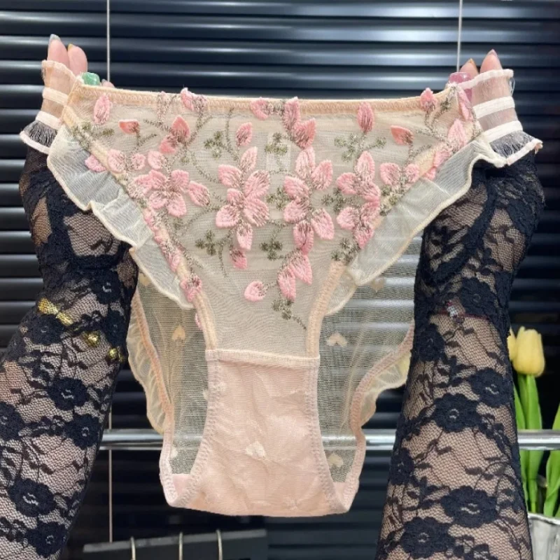 

Lace Transparent Mesh Lolita Embroidered Underwear Mid Waist Ruffled Hollowed Sexy Women's Breathable Triangle Briefs