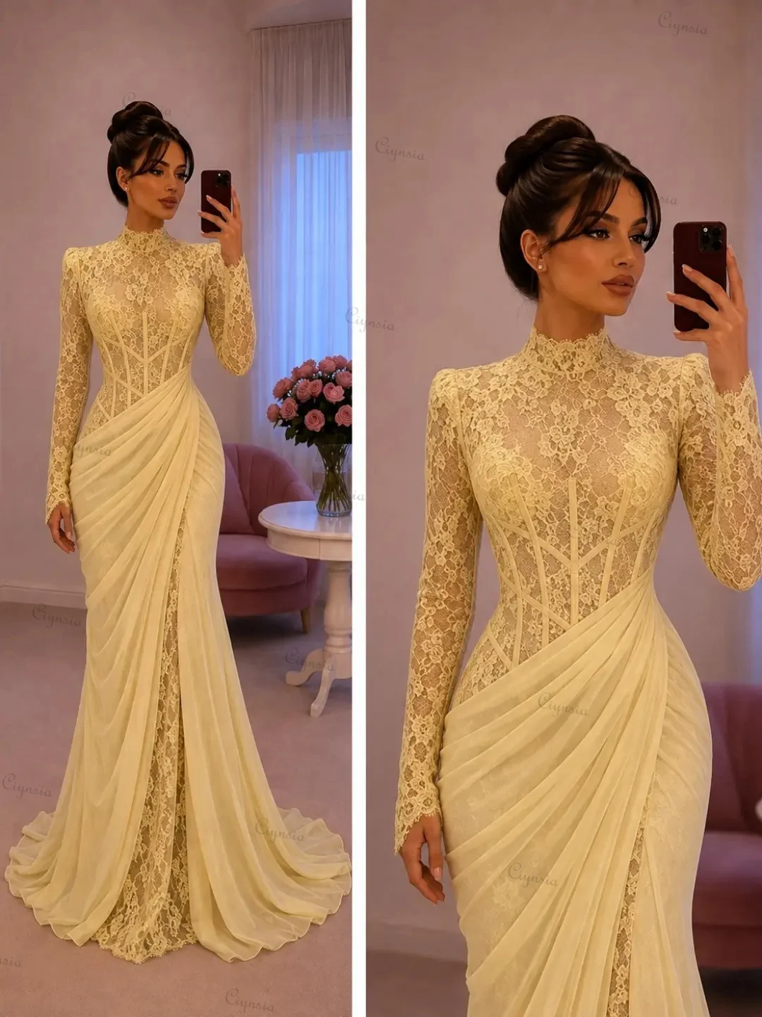 Maßgeschneiderte gelbe, dezente Abendkleider aus Spitze, Meerjungfrauenkleider mit Rüschen, Robes de Soirée, lange Ärmel, hoher Kragen, formelles Partykleid 2027