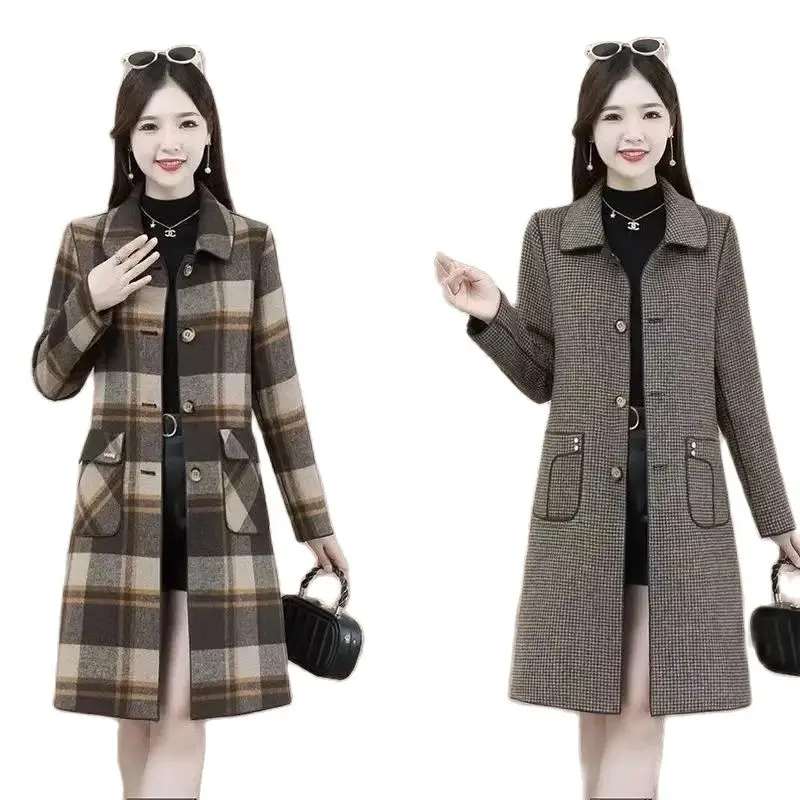 

Large Size 5XL Double-Sided Woolen Jacket Mid-Long Woolen Coat Fashion Plaid Houndstooth Coats Woolen Overcoat Pocket Outerwear