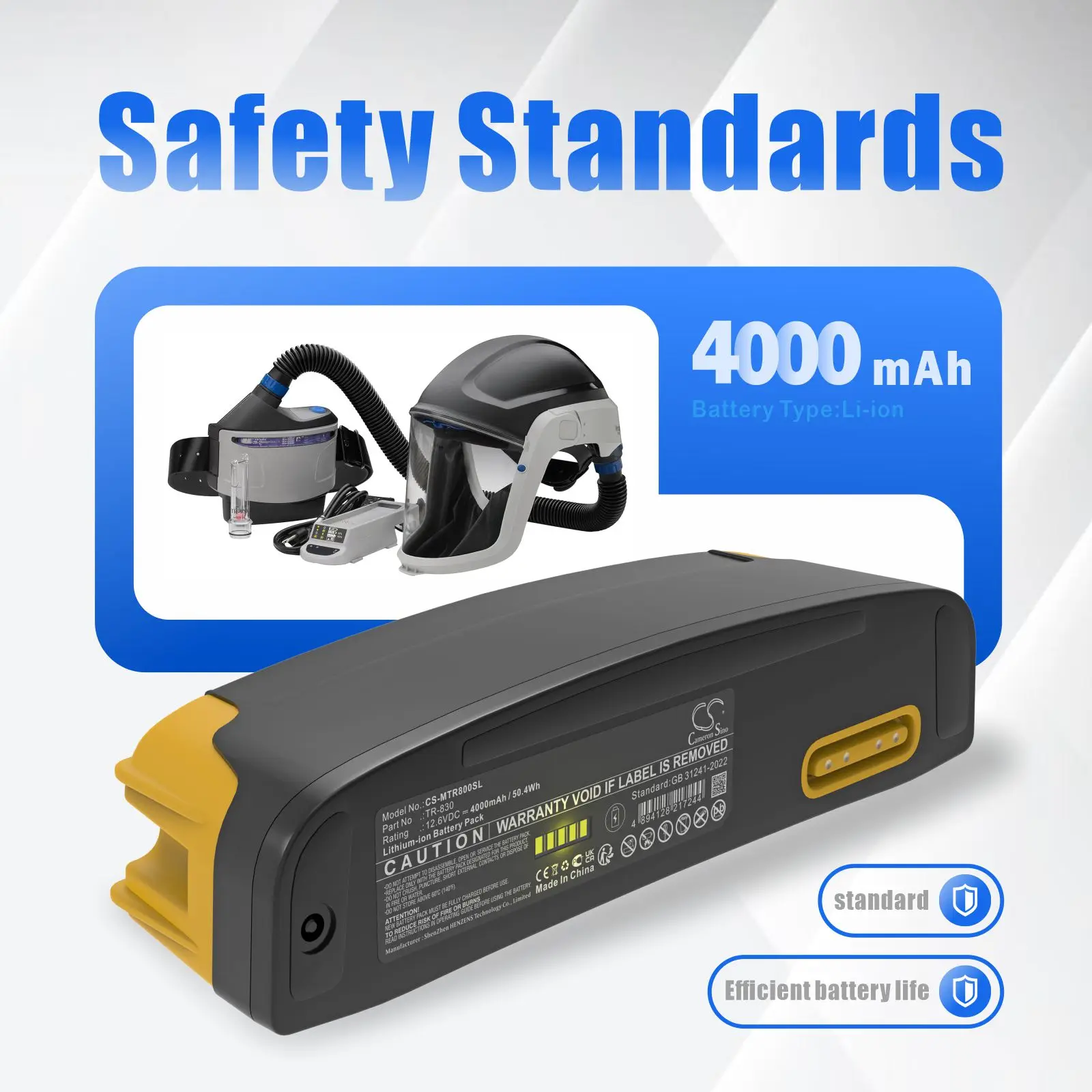 CS Replacement  Personal Protective Equipment Battery For 3M TR-800 PAPR Versaflo Intrinsically Safe 4000mAh / 50.4Wh