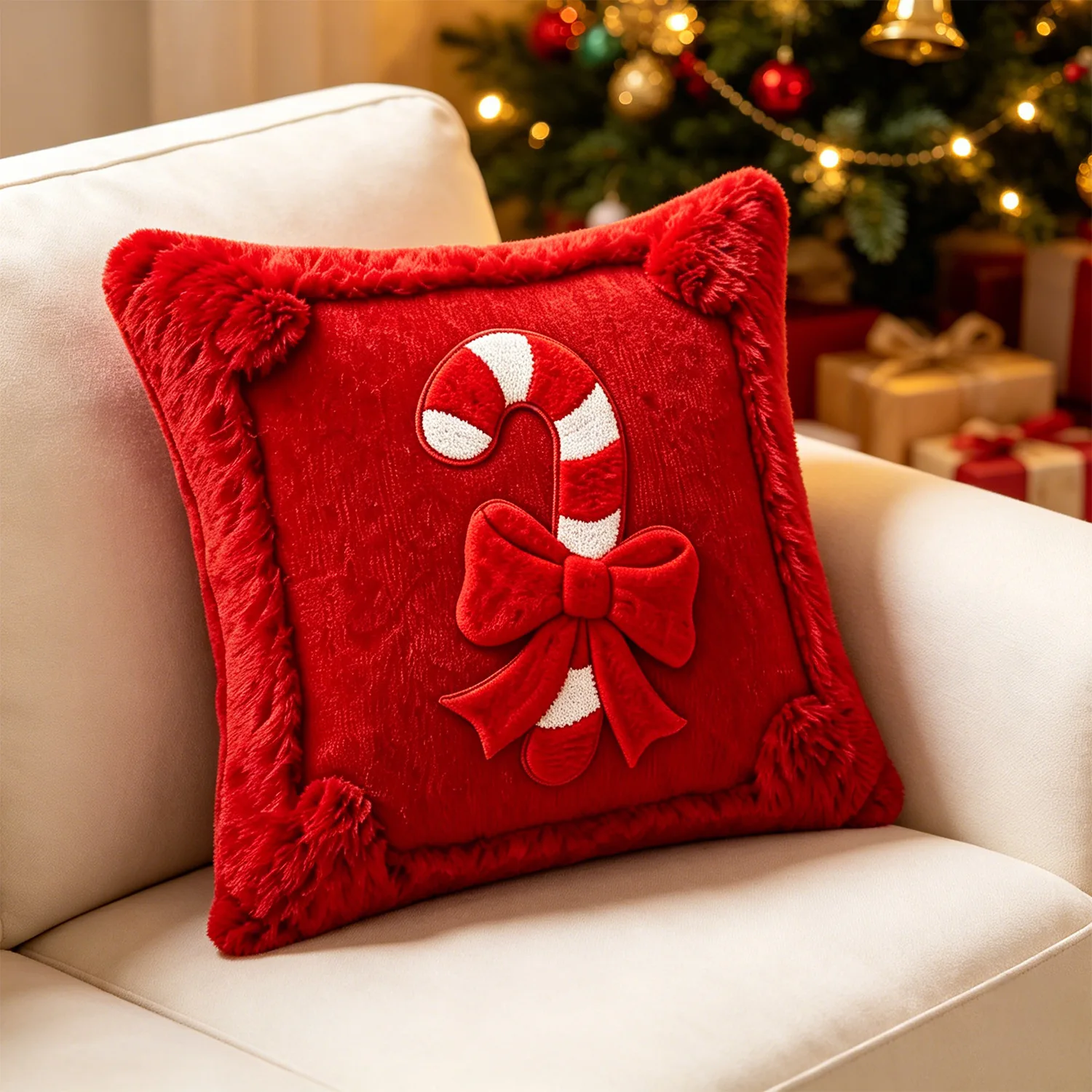 1-Piece Christmas Decorative Pillow Cover, Plush Christmas Candy Ribbon Decorative Pillow Cover, Soft and Comfortable Cushion Cover, Suitable for Christmas, Halloween, Autumn and Winter Sofa Bed Home Decoration (Pillow Insert Not Included), Halloween and Christmas Gifts