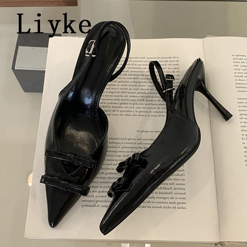 Liyke Red Bows Stilettos Slingbacks Sandal Pumps Women Cozy Leather Pointed Toe High Heels Party Prom Shoes Female Zapatos Mujer