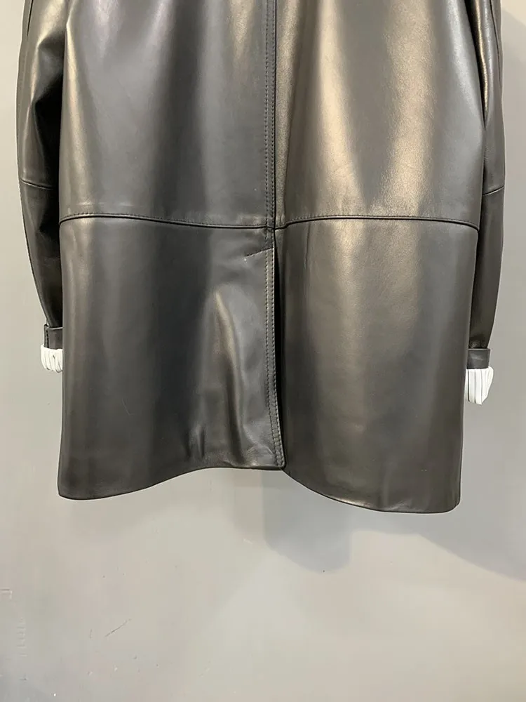 مصمم أزياء المرأة الجديدة زر واحد الخامس الرقبة متوسطة طويلة جلد طبيعي كم طويل فضفاض عارضة ملابس خارجية من جلد الغنم سترة