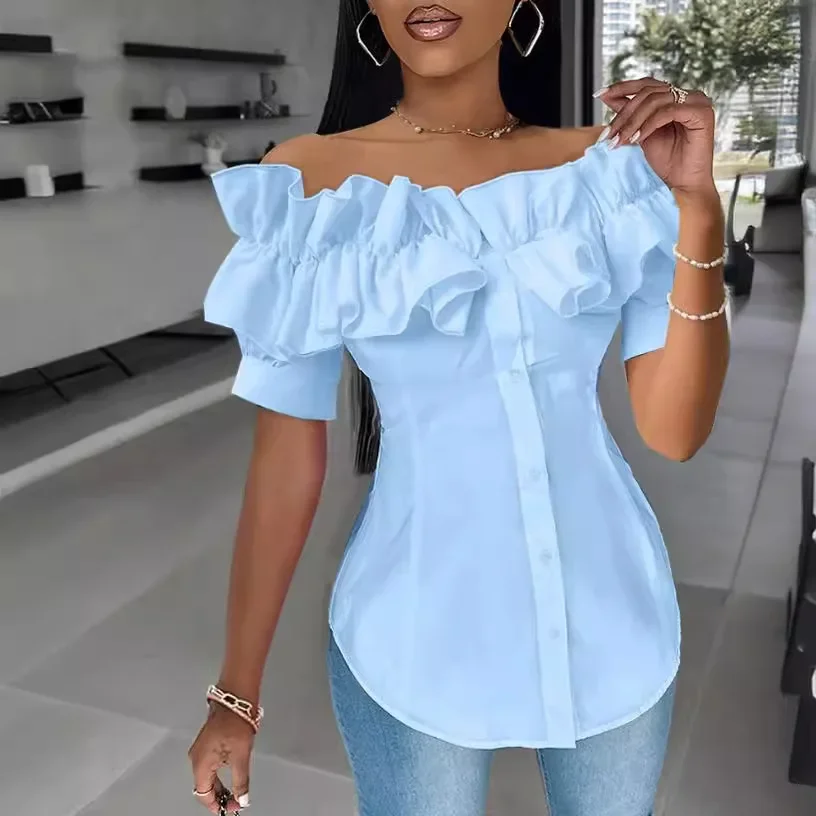 Sweet off Neck Strapless Slim Fit Women's Shirt Short Sleeve Ruffles Solid Color Summer Shirts Blouse Top Single Breasted