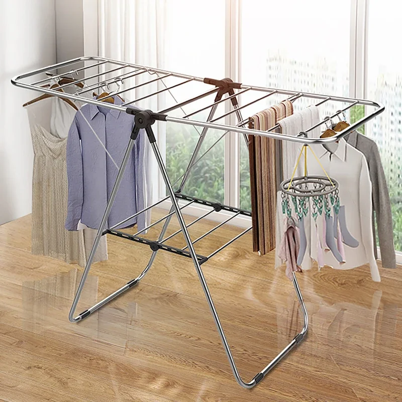 Stainless Steel Wing Type Floor Drying Rack Balcony Free Installation Multi-functional Folding Clothes Rack New