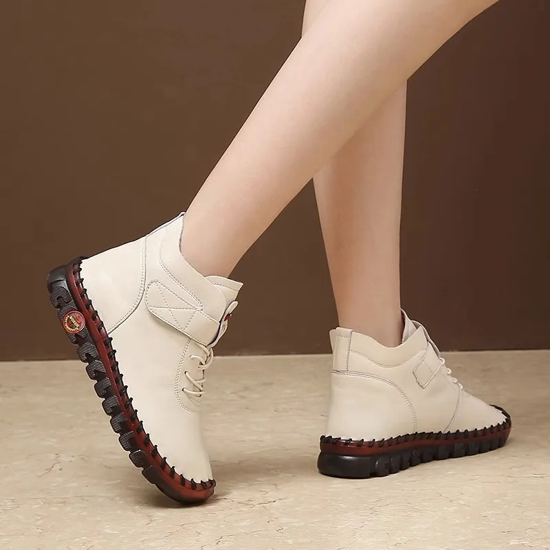 High Top Boots Women Leather Casual Shoes Women\'s Waterproof Snow Boots Fur Thick Ladies Shoe Hand Sewing Slip on Solid Sneakers