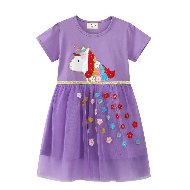 2-7Y Purple Baby Girls Dress Carton Unicorn Embroidered Princess Dresses Summer New Mesh Dress Kids Clothing