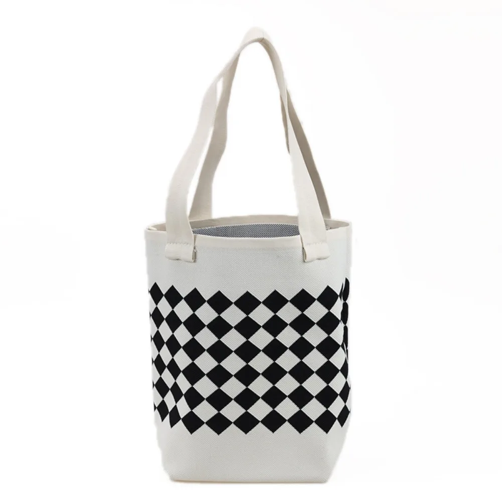 

Rhombus Knitted Knitted Shoulder Bag Plaid Comfortable Handle Crochet Tote Bag Large Capacity Portable Women's Handbag Travel