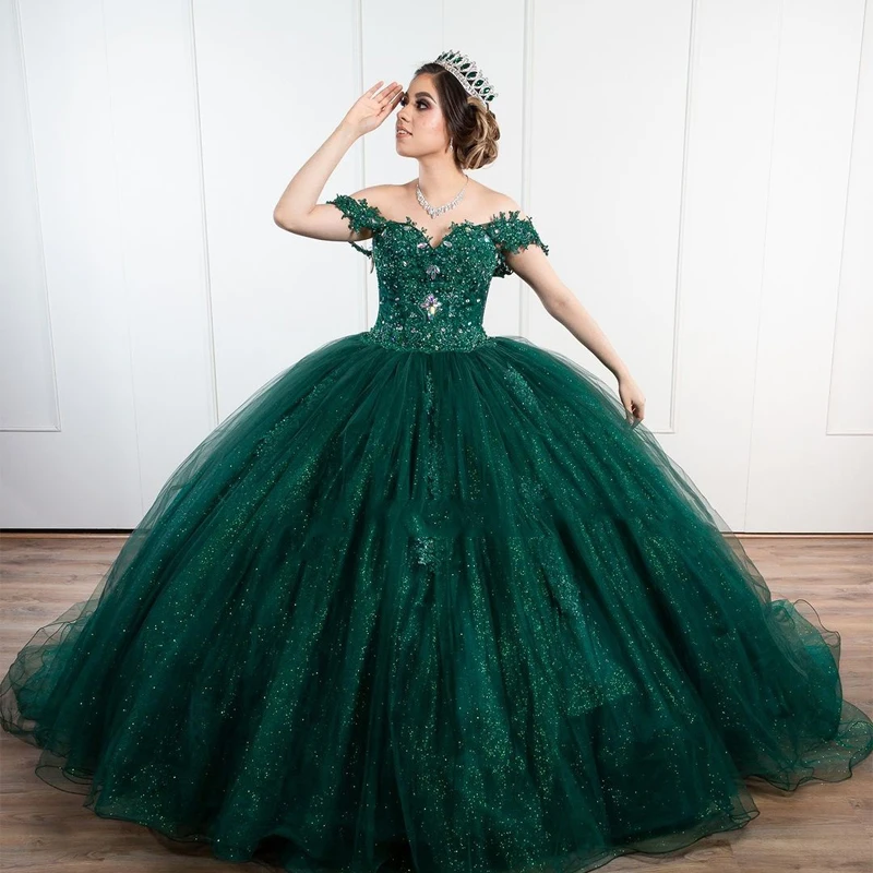 Angelsbridep-Vestido De baile verde esmeralda, quinceañera, cristales brillantes, Princesa, para fiesta, 15 años, gran oferta