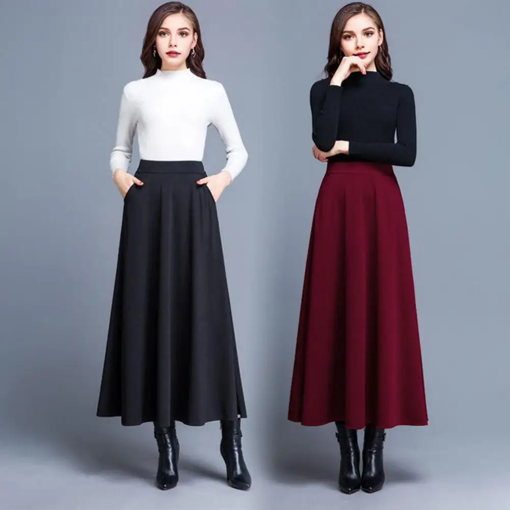 Elegant Women A-line Maxi Skirt Elastic Waist Solid Color Large Hem A-Line Skirt with Pockets Solid Color Swing Skirt Streetwear