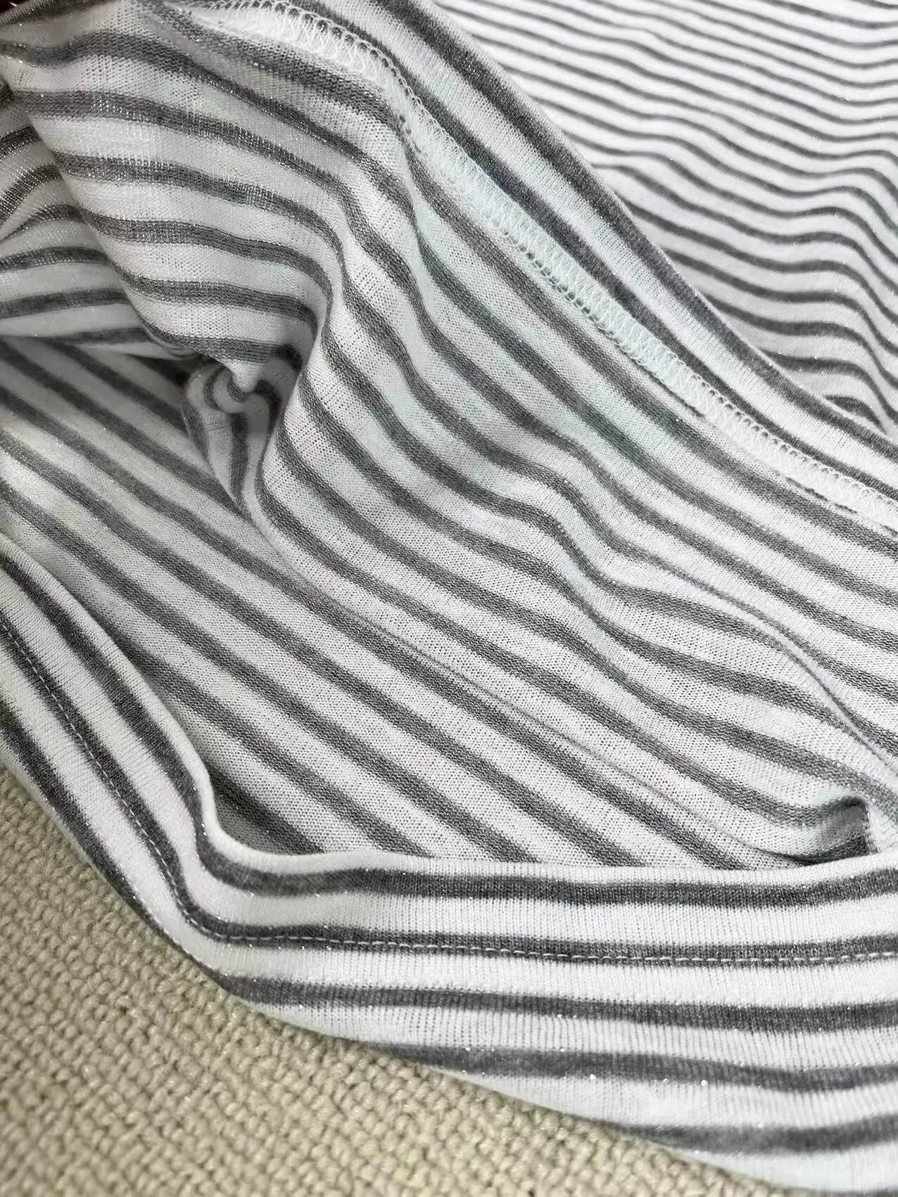 Women's high-end striped round neck bead chain cotton versatile short sleeved knitted top