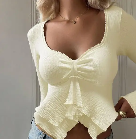 

Women's Autumn Winter Square Collar Bow Long Sleeve Top Slim Fit Ruffle Hem Waist Cinched Slimming Top for plus Size